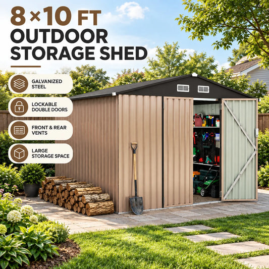 Outdoor Metal Storage Shed 8x10FT with Lockable Door & Ventilation System, Large Garden Tool Shed for Backyard Patio, Weather Resistant Storage House for Lawn Equipment Tools