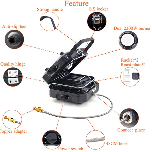 New Design Outdoor  BBQ  Grill Dual  Gas Burner  with BBQ Pan Foldable  Double 2300W Power Portable  For Camping Fishing Hiking