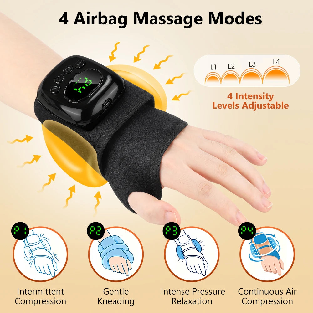 Wrist Massager, Air Compression Heat Wrap, 4 Modes 4 Levels, 3 Heat Settings, Rechargeable, Left Right Hand, Pain Relief, Unisex