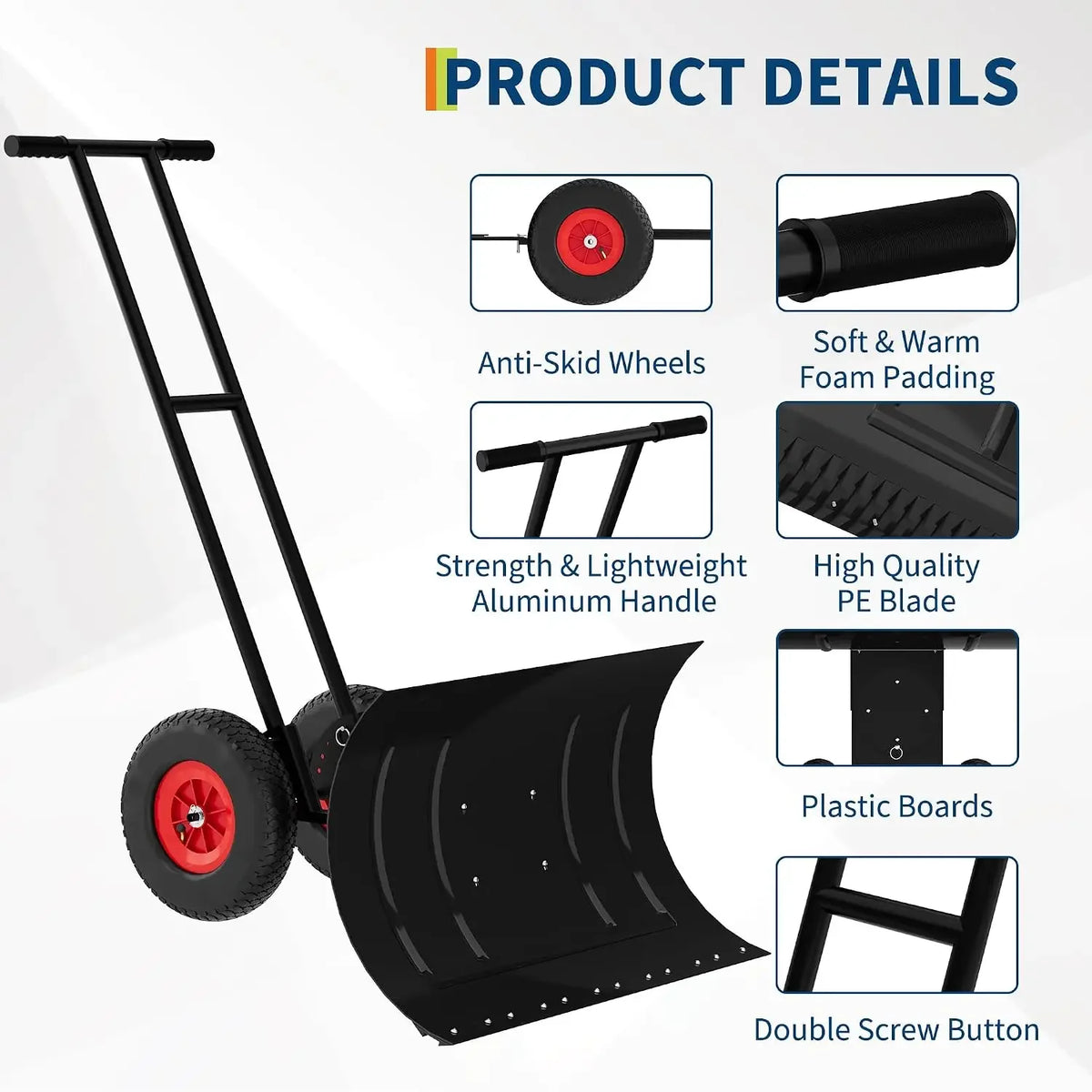 Tacleekii 29" Heavy Duty Snow Shovel with Wheels, Carbon Steel Blade W/Adjustable Angle & Height Ergonomic Handle for Easy Driveway & Pavement Clearing
