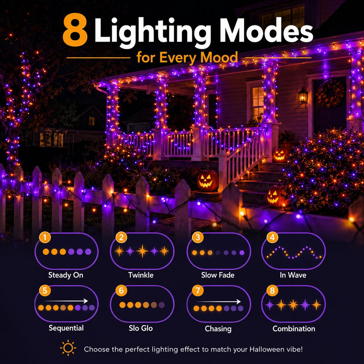 Halloween Solar String Lights Outdoor, 335FT Purple Orange LED 800 LED Solar Halloween String Lights with 335FT, Remote Control, 8 Modes, IP65 Outdoor Decoration for Yard, Roof and Patio
