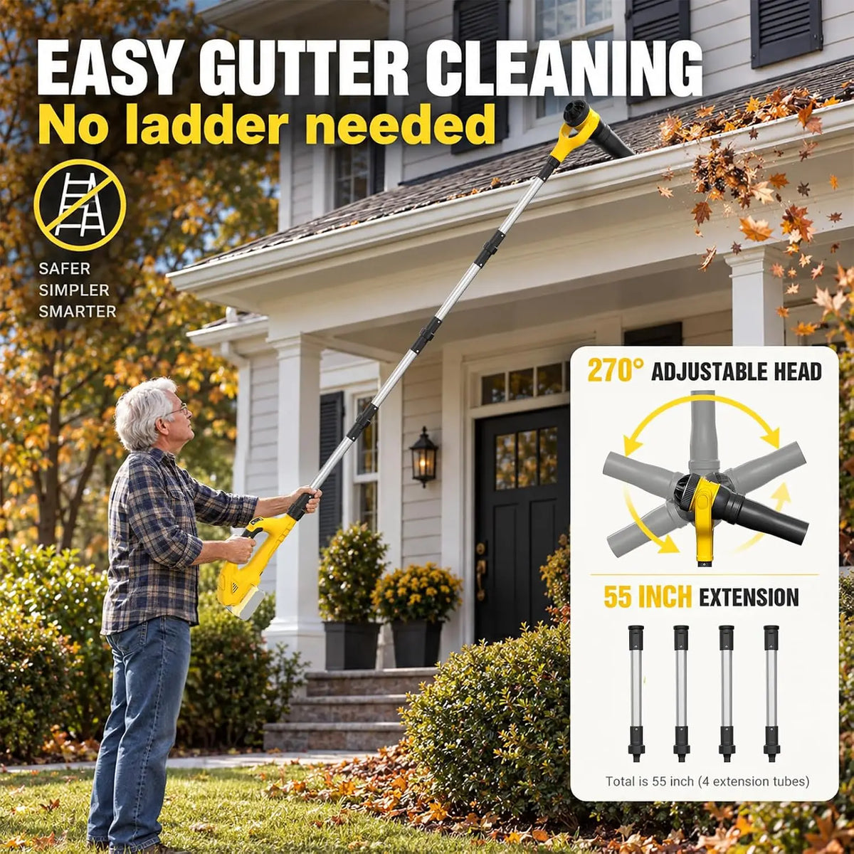 Cordless 2-in-1 Pole Leaf Blower, Battery-Powered Yard Blower for 20V Batteries, Tool Only, Long-Reach Design for Lawn, Garden, and Driveway Cleaning