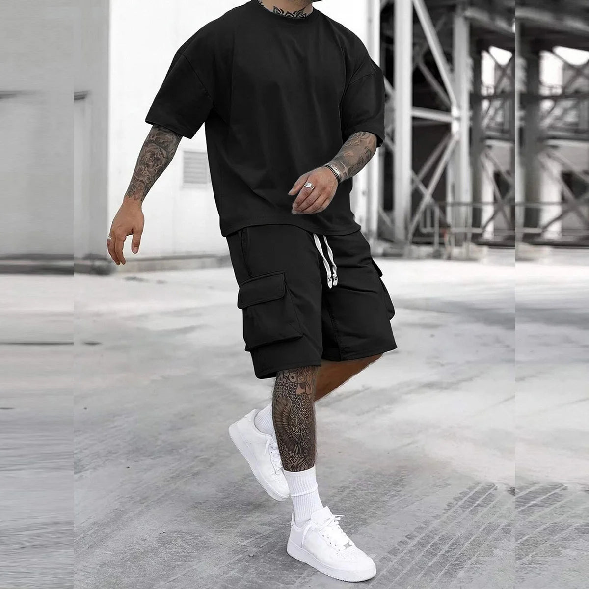 2-Piece Men's Casual Sports Summer Matching Set, T-Shirt+Multiple Pocket Workwear Shorts Clothing, Suitable for Outdoor Hiking, Fitness, and Travel.