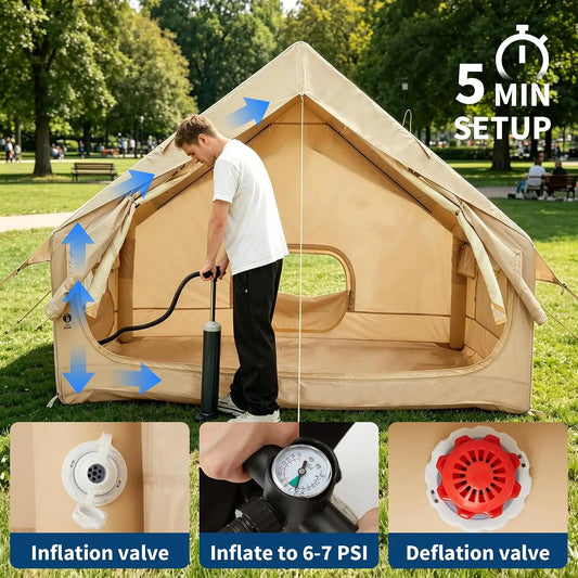 Tacleekii Inflatable Camping Tent Portable Blow Up Tent Waterproof Air Glamping Tent with Skylight & Stove Jack Family/Friends Camping Gathering, 4-Season Indoor Outdoor Use, for 2-6 Person