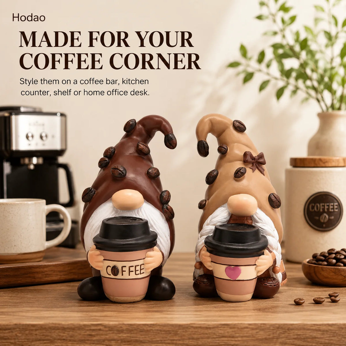 Hodao Resin Coffee Gnome Figurine Set Hand-Painted Cafe Couple with Bean-Decorated Hats, Takeaway Cups, Collectible Tabletop Accent for Kitchen Counter, Tiered Tray, Office, Dining Room, Housewarming Gift, Barista Lover Decor