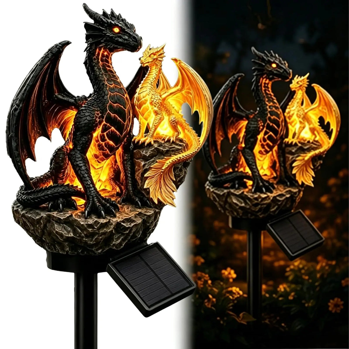 Solar Dragon Garden Light 25cm Resin Golden Accents Auto-On Dusk Sensor Statue Lamp Weatherproof For Patio