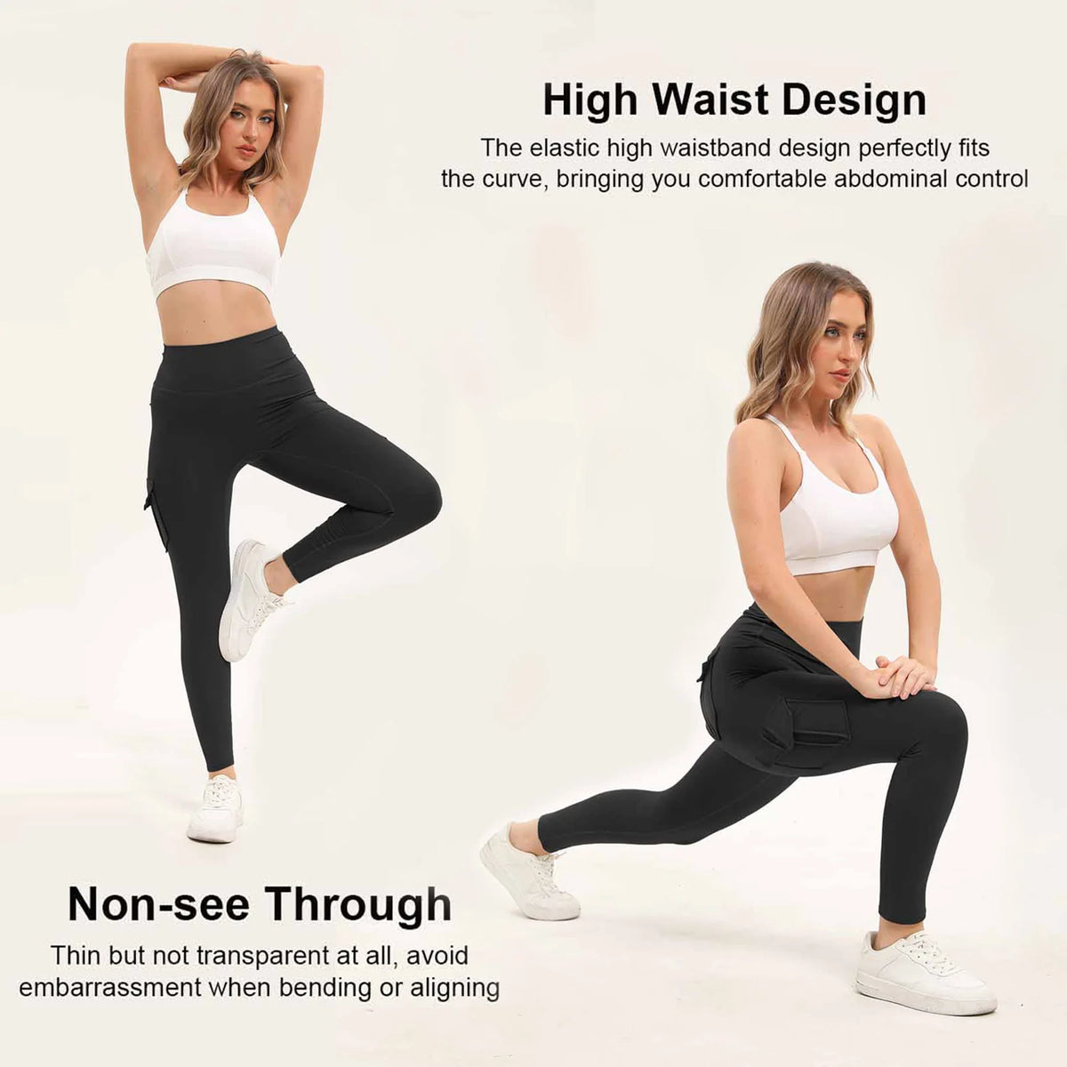 3PCS Women's High-Waisted Solid Color Gym Leggings with Practical Pocket Stretch Fitness Yoga Pants Cargo Style for Outdoors Sports