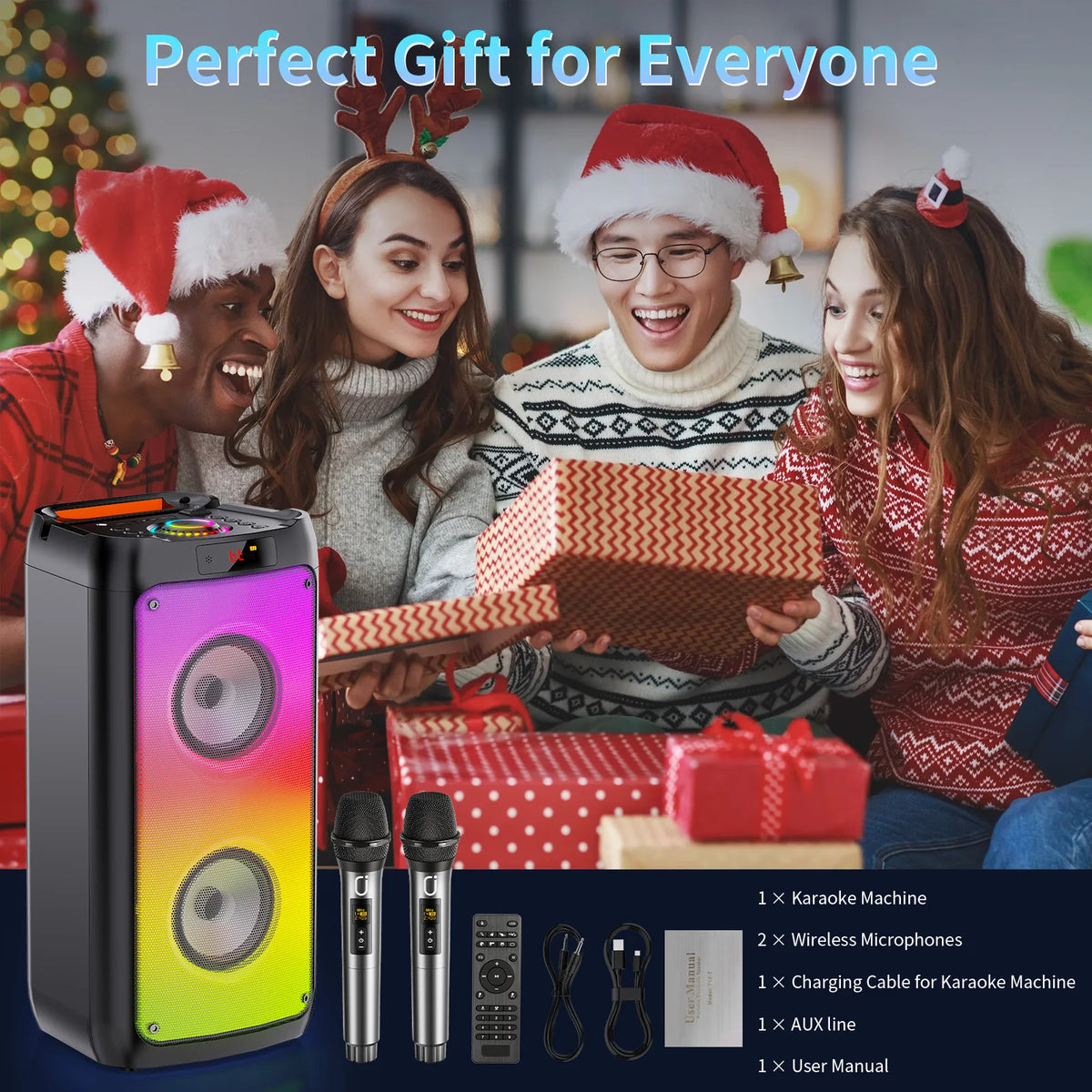 T10-T Wireless Bluetooth Speaker, Karaoke Machine with 2 Microphone, Home Karaoke Party Speaker with LED Light