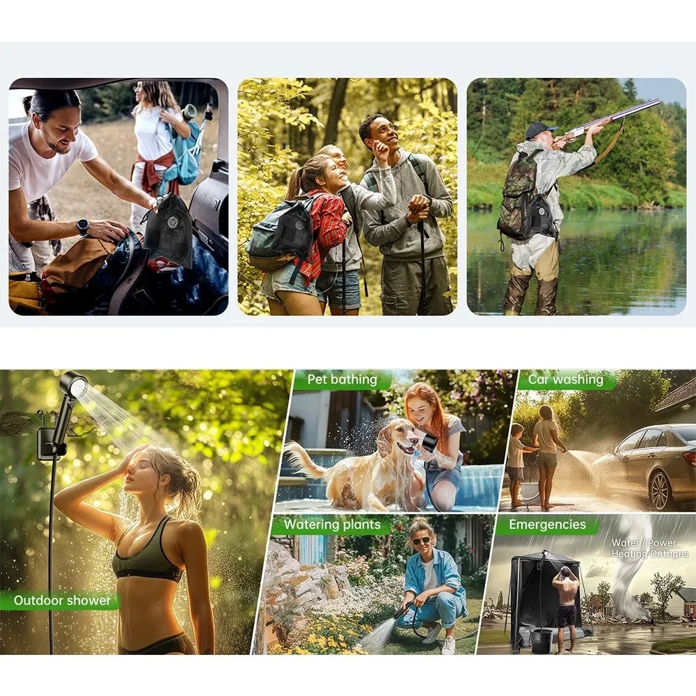 Portable Camping Shower 7800mAh Rechargeable Pump with Digital Display, 4 Water Modes, Bath Sponge, Hiking Travel Car Wash Pet