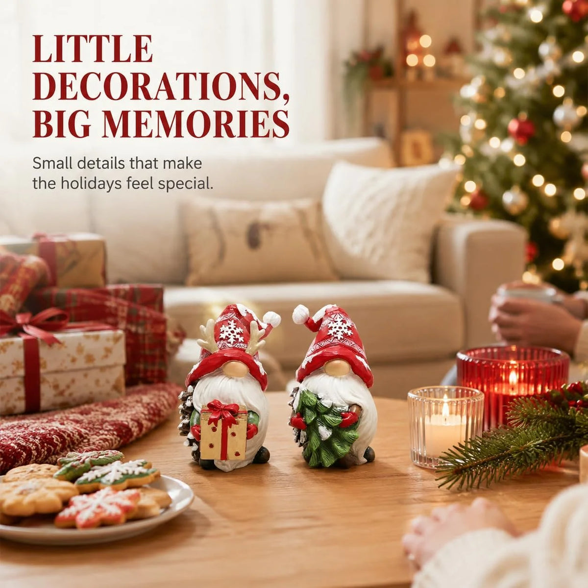 HODAO Resin Christmas Gnome Figurine Set, 2-Piece Nordic Tomte Pinecone Gnomes with Red Snowflake Hats, Reindeer Antlers, White Beards, Gift Box and Christmas Tree, Collectible Winter Tabletop Shelf Fireplace Mantel Decor, Ru