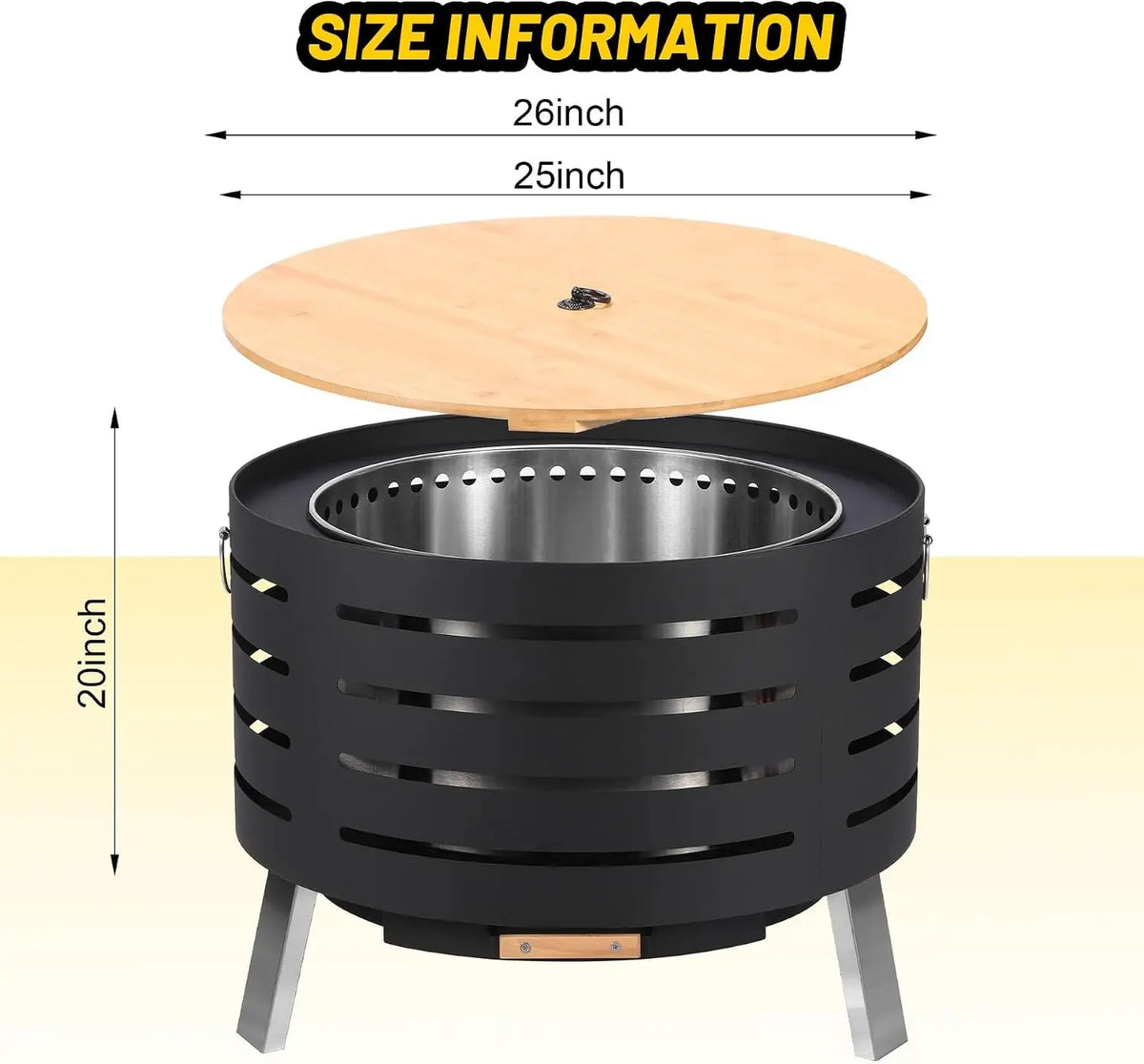 Garvee 26inch Smokeless Table Top Fire Pit with Removable Ash Pan, Bamboo Lid Waterproof Cover, Portable Outdoor Firepit for Patio, Backyard, Camping, Bonfire
