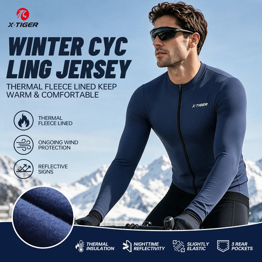 X‑TIGER Thermal Fleece Long Sleeve Cycling Jersey Fit Wind Resistant Full Zip Bike Jersey With Rear Pockets For Men Winter Warm MTB Road Cycling Clothing
