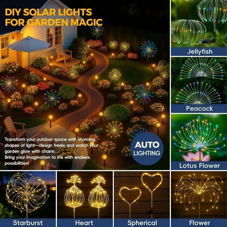 Set of 8 Solar-Powered LED Firework Garden Lights, 8 Lighting Modes, IP65 Rated, Ideal for Patios, Sidewalks, Camping, Parties, Weddings, Halloween, And Gatherings | Spectacular Display Lights | Durable Solar Lights | Summer