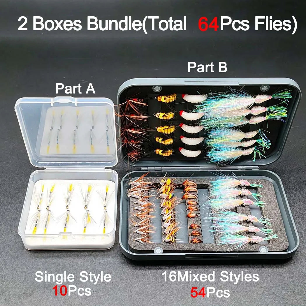 Fly Fishing Flies Total:64Pcs(2 Boxes) Fly Fishing Bait Dry/Wet Fly Nymph Fly Fishing Lure Fly Box for Trout Salmon