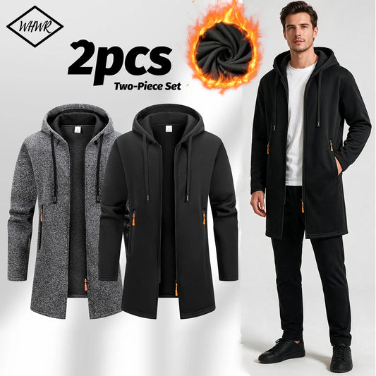2Pcs Set Men Mid-Length Full Zip Hooded Jacket Fleece Lined Warm Coat with Drawstring Hood & Zipper Pockets Casual Outerwear for Fall Winter Daily Wear