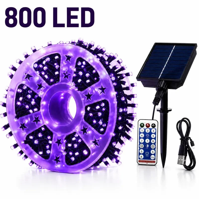 Halloween Solar String Lights Outdoor, 335FT Purple Orange LED 800 LED Solar Halloween String Lights with 335FT, Remote Control, 8 Modes, IP65 Outdoor Decoration for Yard, Roof and Patio