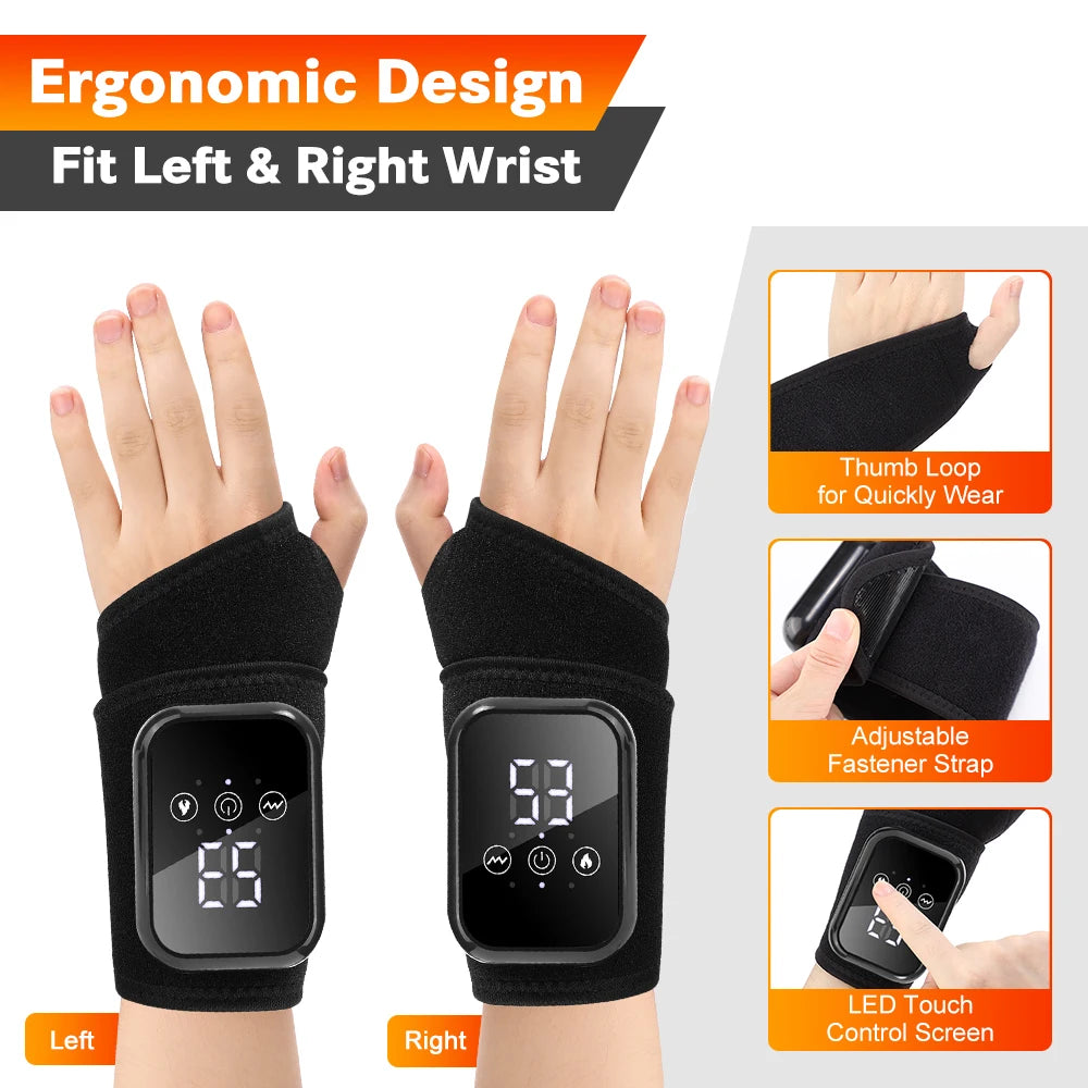 Heated Wrist Brace 3 Heat Levels 3 Vibration Modes Rechargeable Black Wrap Adjustable Strap Type-C for Office Typing Home