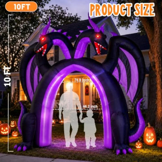 Halloween inflatable dragon archway for outdoor use, PVC material, black and red, double-headed walk-through design with built-