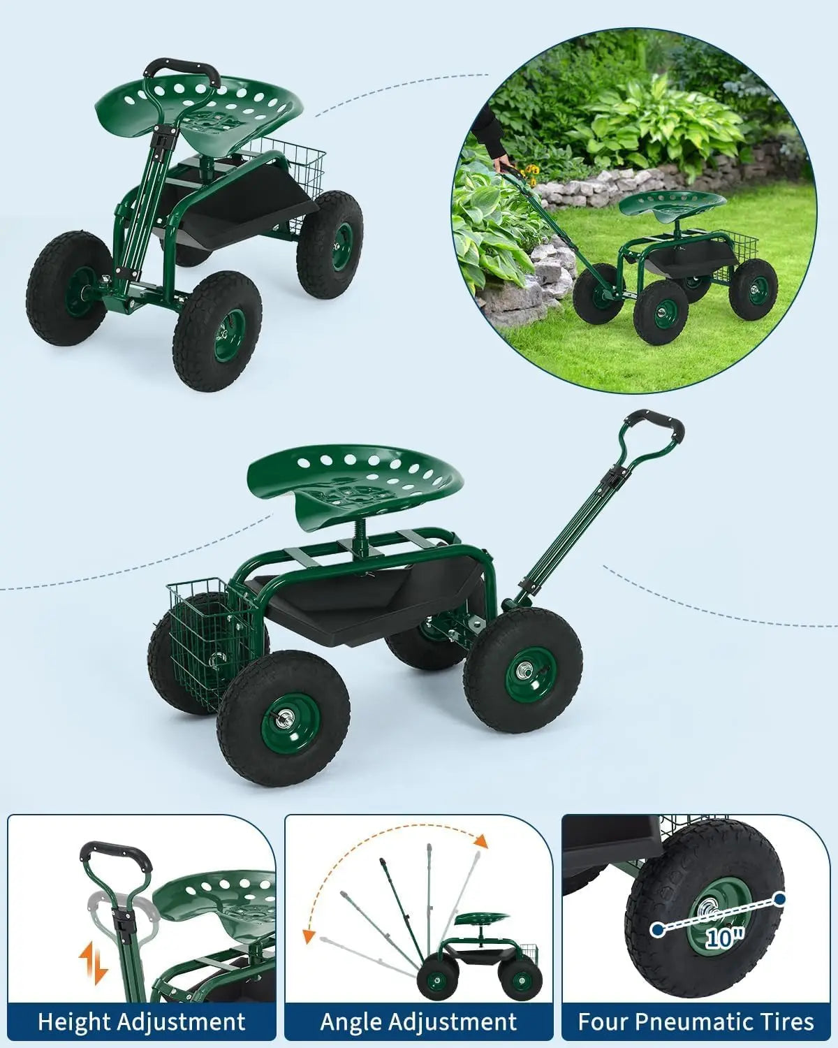 Rolling Garden Cart with Seat Garden Workseat with 360-Degree Swivel Height Adjustable Rolling Garden Stool Extendable Handle for Lawn Patio