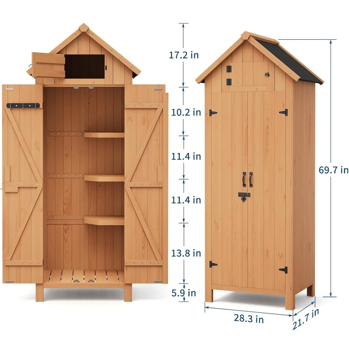 Outdoor Wooden Storage Cabinet Garden Tool Shed with Lockable Door Shelves Waterproof Sloped Roof Raised Base Vertical Organizer for Patio Backyard Yard Lawn Equipment and Garden Supplies