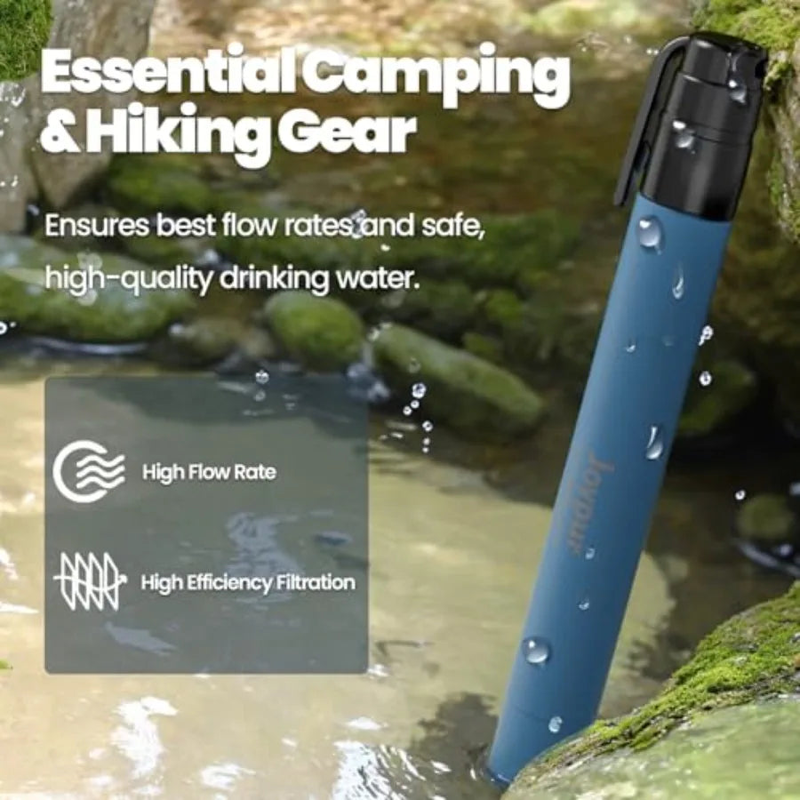 Portable water filter straw for camping, hiking, travel, biking, and emergency use; food-grade plastic; black; filters 99.9999