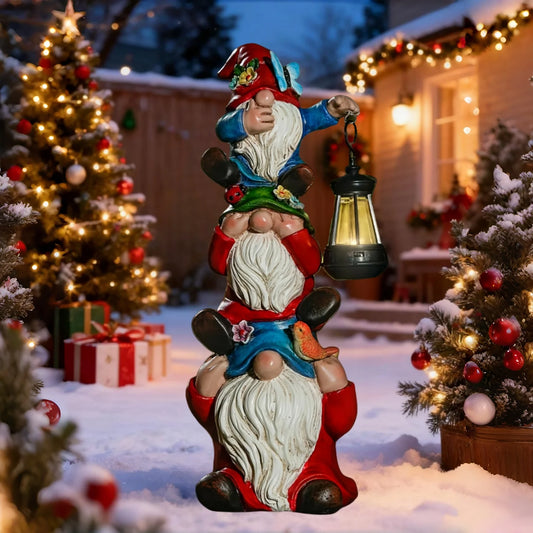 Christmas Outdoor Garden Solar Statue Lights Resin Triple Stack Elf Gnome Statues Funny Outdoor Decor for Patio Lawn Yard