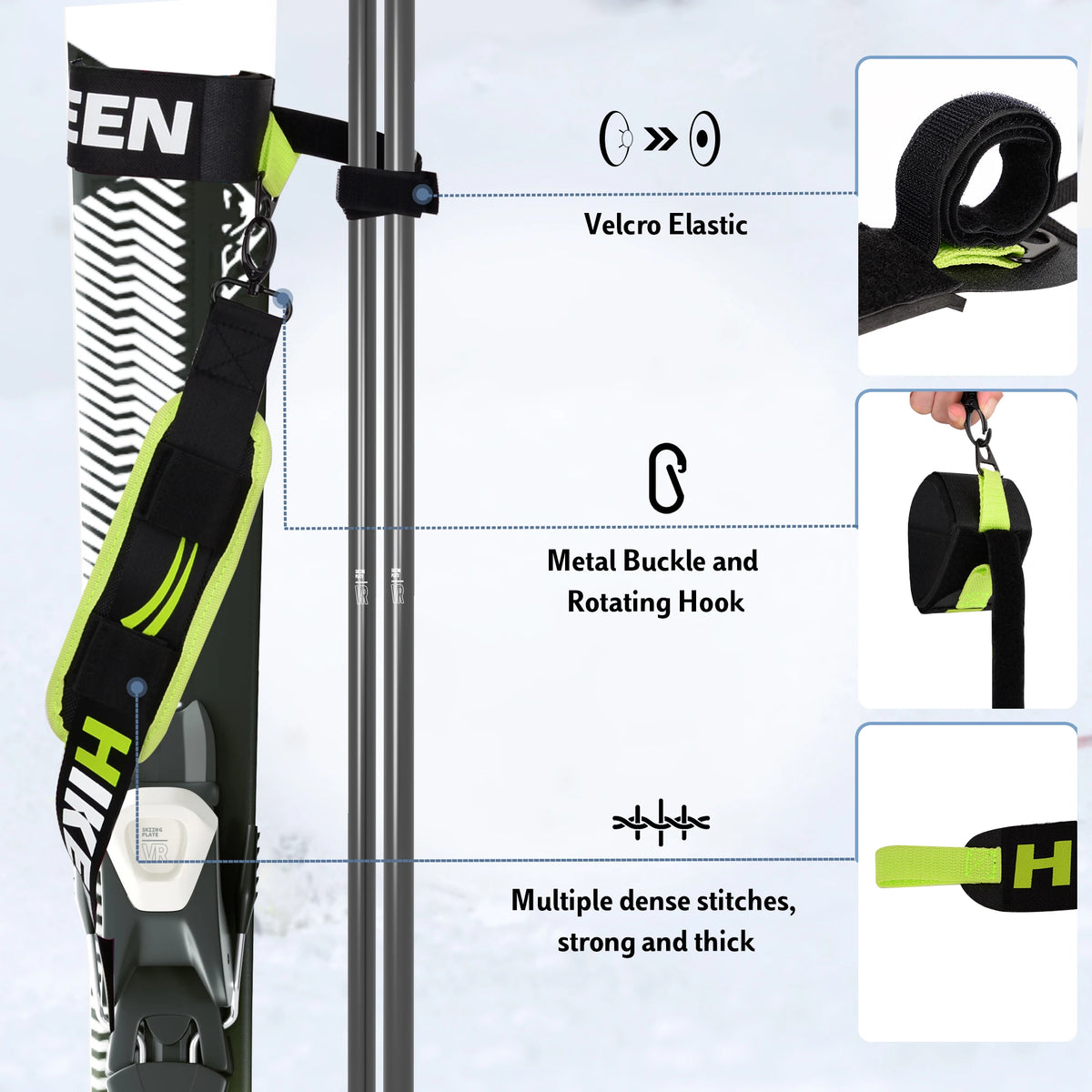 Hikeen Ski Carrier Straps Poles and Boot Downhill Skis Straps with Adjustable Anti-slip Shoulder Sling Metal Buckle Swivel Hook