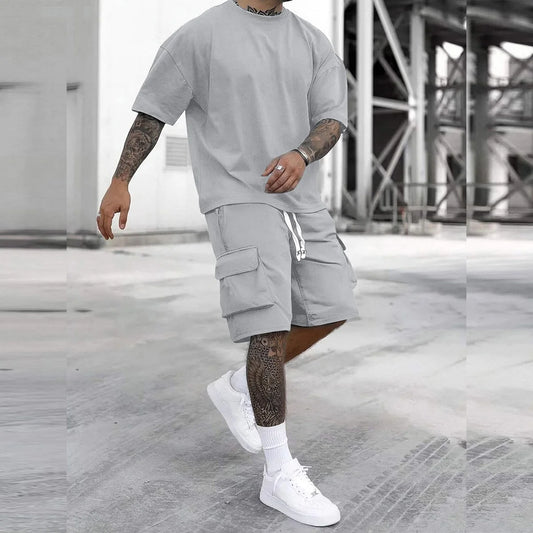 2-Piece Men's Casual Sports Summer Matching Set, T-Shirt+Multiple Pocket Workwear Shorts Clothing, Suitable for Outdoor Hiking, Fitness, and Travel.