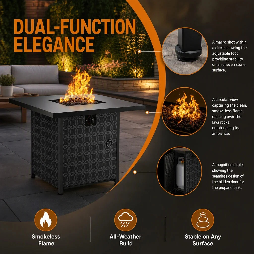 28 Inch Round Propane Fire Pit Table, 50,000 BTU CSA‑Certified Outdoor Gas Fire Pit with Removable Lid & Lava Rocks, 2‑in‑1 Fire Table for Patio Backyard Garden Party