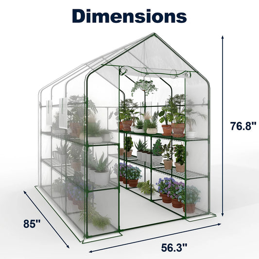 57x85x77in Walk-In Greenhouse With 8 Shelves, PE Cover, Mesh Windows & Zipper Door, Heavy Duty Plant House For Garden Backyard Patio