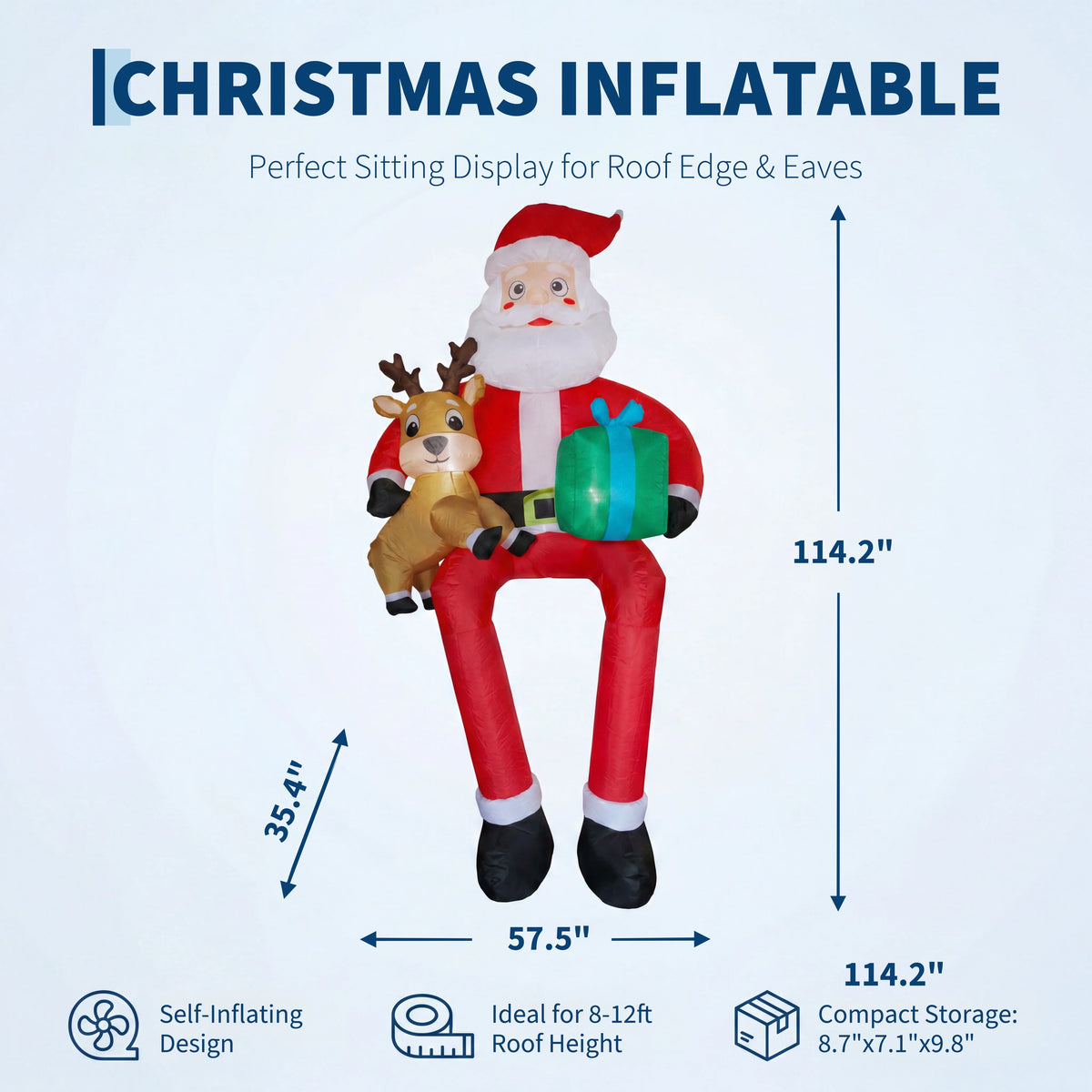 9.5ft Christmas Inflatable Sitting Santa with Reindeer Outdoor Blow Up Yard Decoration Built In LED Lights Lawn Garden Roof Display Holiday Party Winter Festival Home Decor