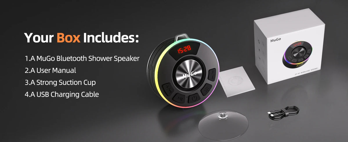 IPX7 Waterproof Floating Bluetooth Speaker | 360° Surround Sound + RGB Light Show | 10H Playtime | BT 5.3 | Built-in Mic | Detachable Suction Cup | Portable for Shower Beach Pool.