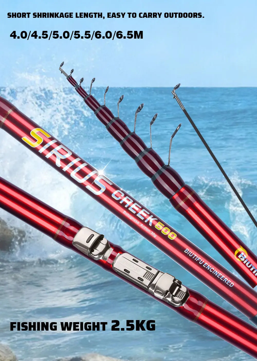 BIUTIFU Telescopic Bolognese Fishing Rods 4.0m 4.5m 5.0m 6.0m 6.5m T800 Carbon Travel UltraLight Spinning Float Outdoor About 30g Trout Surf Pole