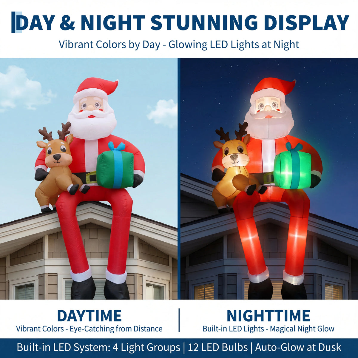 9.5ft Christmas Inflatable Sitting Santa with Reindeer Outdoor Blow Up Yard Decoration Built In LED Lights Lawn Garden Roof Display Holiday Party Winter Festival Home Decor
