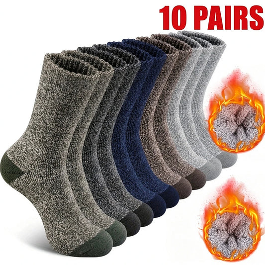 1/5/10 Pairs Of Men's Thickened Warm Winter Socks - Soft And Comfortable Knitted Round Head Socks For Cold Weather, Polyester And Elastic Blend