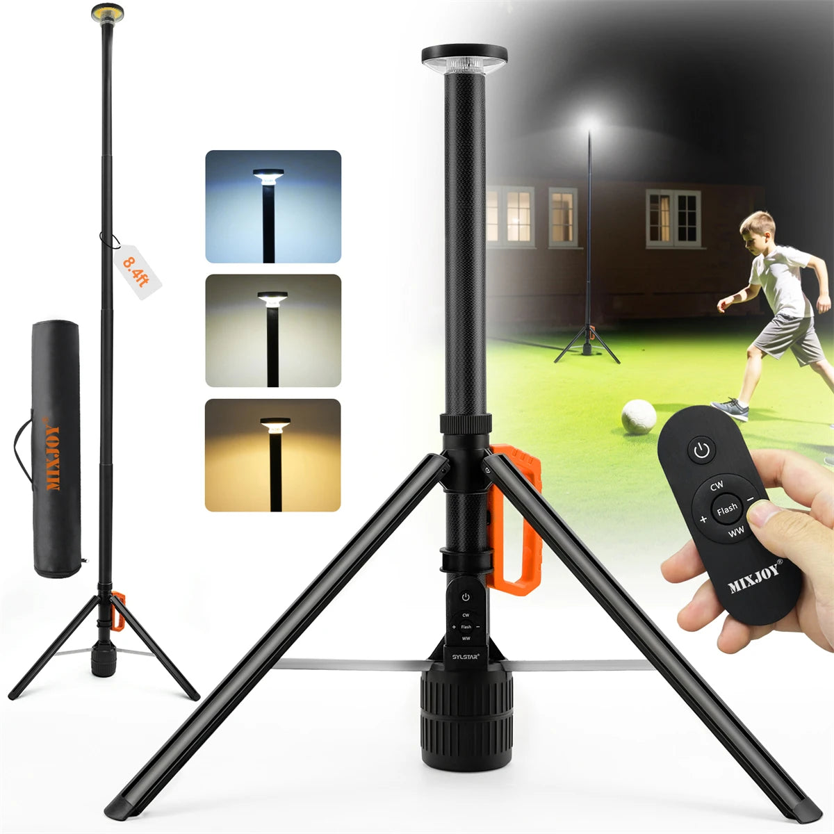360° Rechargeable Work Light with Remote &Telescopic Stand (8.4Ft), 3000LM Ultra Bright 3CCT Dimmable, 5 Height Adjustments,6000mAh Battery, Portable Camping Light for Jobsite Sports