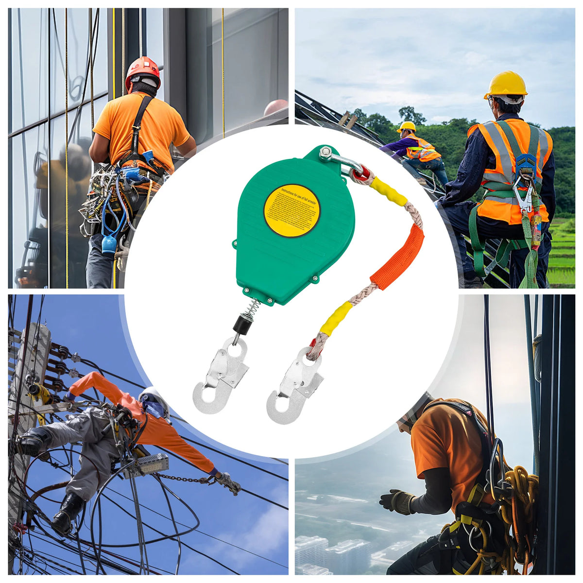 15M Safety Fall Arrester Self-Retracting Lifeline Anti-ratchet Dual Disc Braking System Black/Green