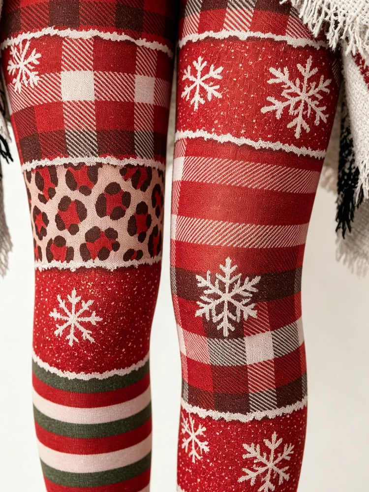 Women's Christmas High-Waisted Tight Leggings, with a Wine-Red Base Color and a Christmas-Themed Print Design - a Layered Style Suitable for Casual Weekend Parties in Autumn and Winter.