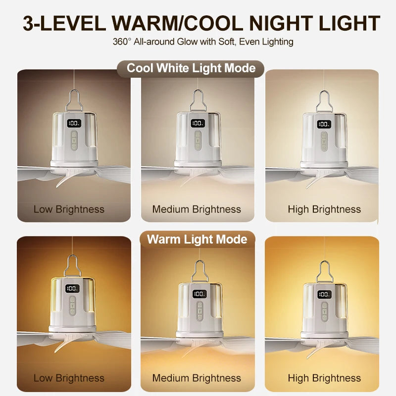 NEW Portable Camping LED Ceiling Fan with RGB Ambient Light 4 Gear Rechargeable Tent Hanging Fans for Bedroom Dorm Home Travel