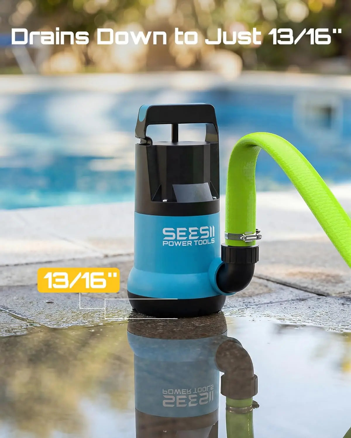 SEESII 1HP Submersible Water Pump Sump Pump for Swimming Pool 4755 GPH High Flow With 23ft Hose Anti-Clogging Filter Bag,Hot Tub, Pond, Flooded Basement, Rooftop, Garden Water Removal