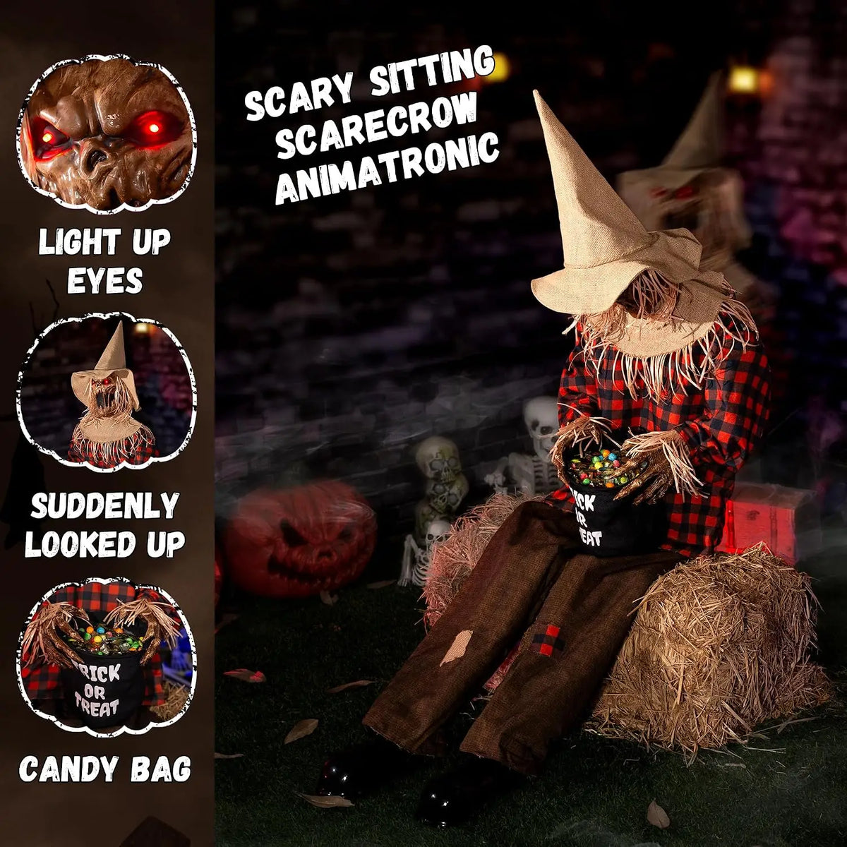 55'' Scary Halloween Animatronic Sitting Scarecrow with Candy Bag, Sound & Motion Activated Jumpscare Prop, Lighted Eyes, Creepy Sounds, Outdoor Haunted House Decoration