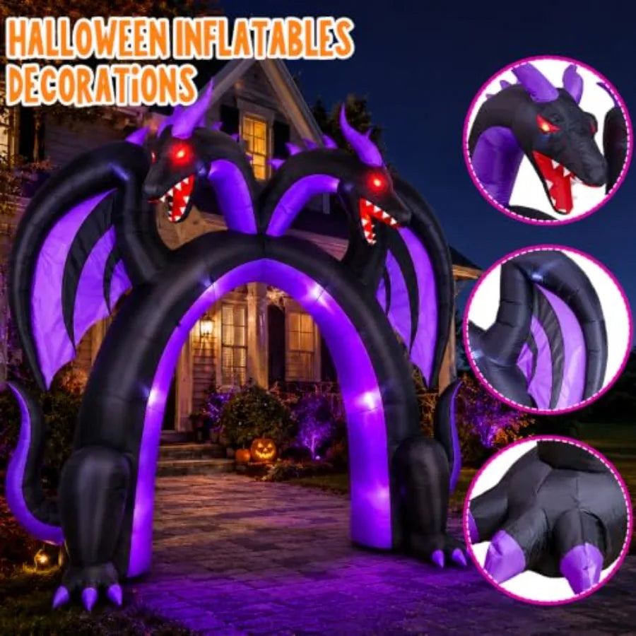 Halloween inflatable dragon archway for outdoor use, PVC material, black and red, double-headed walk-through design with built-