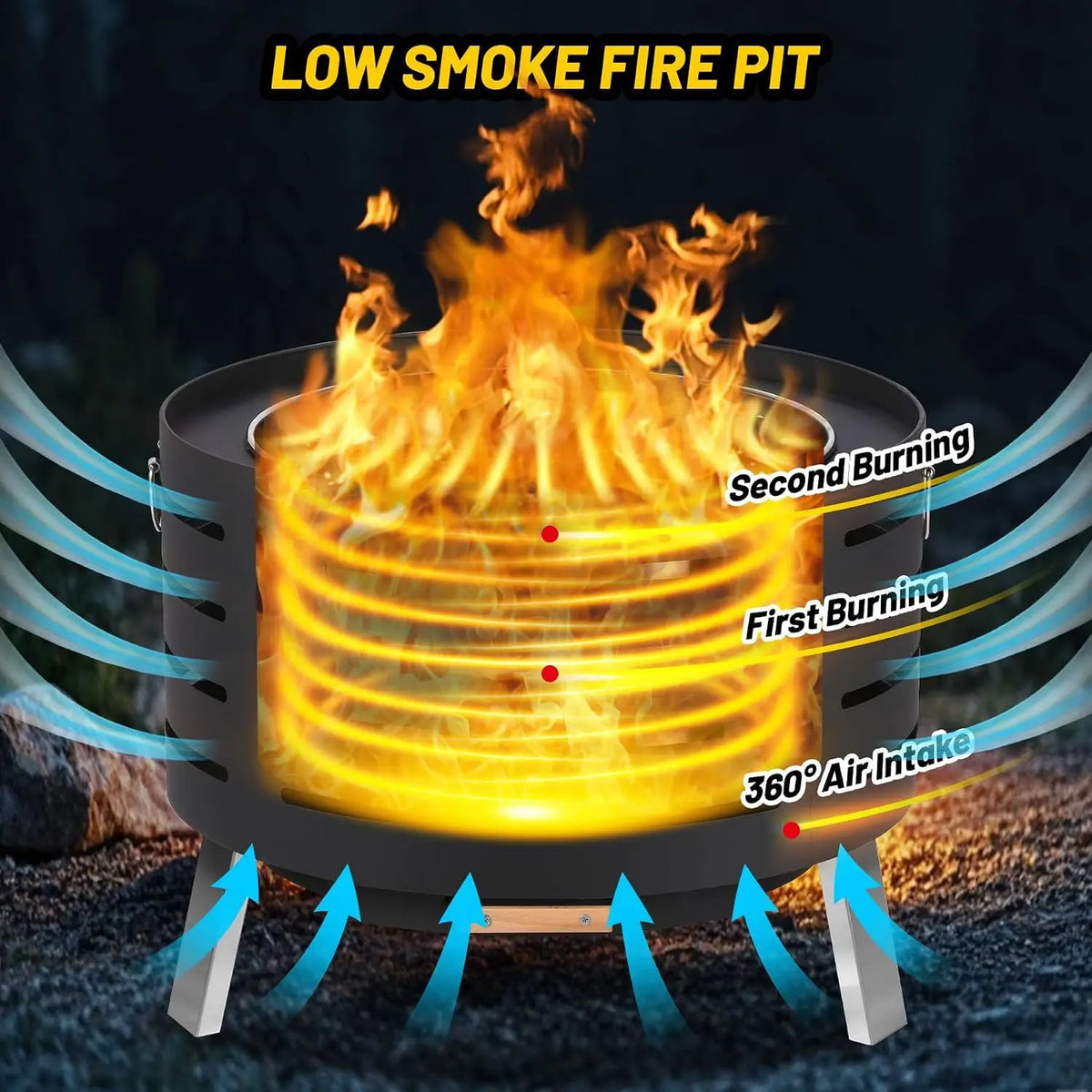Garvee 26inch Smokeless Table Top Fire Pit with Removable Ash Pan, Bamboo Lid Waterproof Cover, Portable Outdoor Firepit for Patio, Backyard, Camping, Bonfire