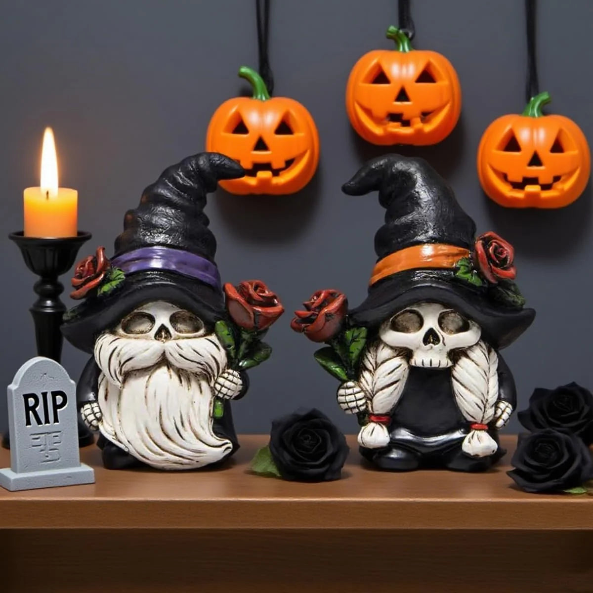 Hodao Resin Halloween Skull Gnome Figurine Set, 2-Piece Gothic Witch Couple with Black Hats, Red Roses, Collectible Shelf Decor