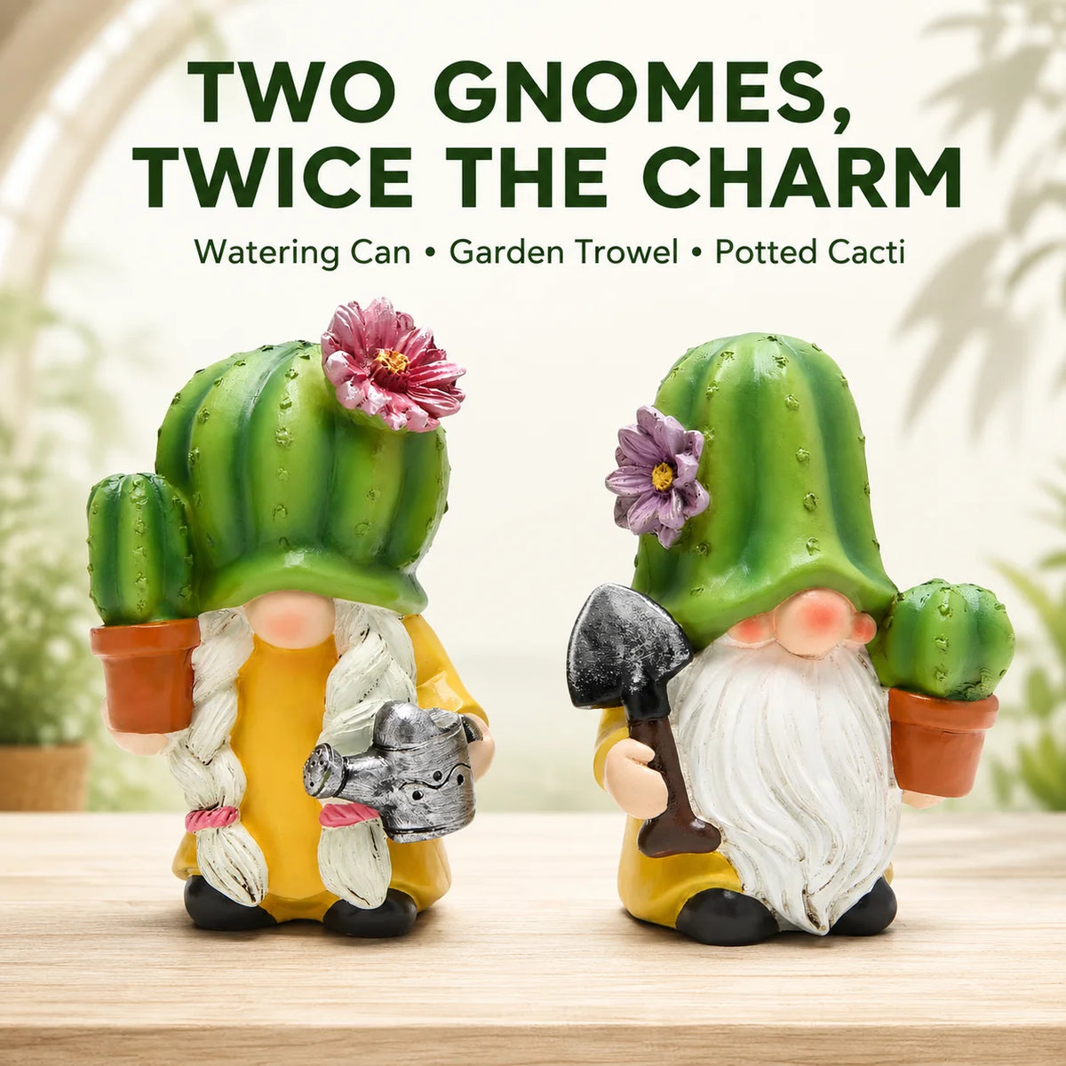 Hodao 2-Piece Cactus Gnome Figurine Set, Resin Gardener Couple with Flowering Succulent Hats, Potted Plants, Watering Can and Trowel, Collectible Farmhouse Tabletop Decor for Kitchen Shelf, Patio, Sunroom, Housewarming, Birth