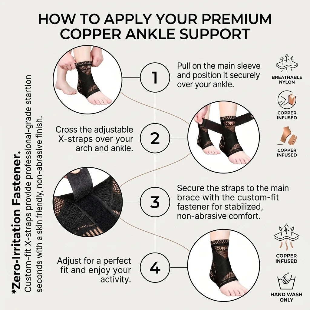 Ankle Brace Support, Adjustable Copper Compression Sleeve for Men & Women, Sports