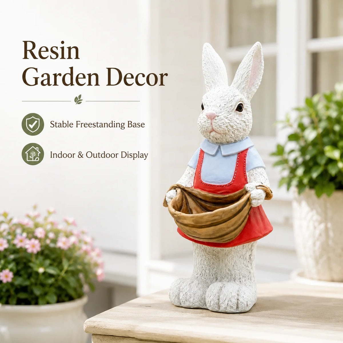 Outdoor Rabbit Garden Statue Bunny Flower Pot Holder Resin Garden Sculpture Patio Yard Lawn Porch Decor Hand Painted Ornament