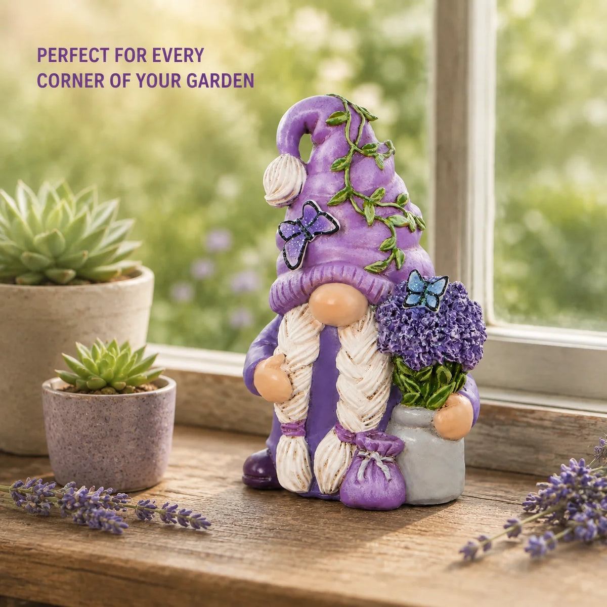 Hodao Lavender Dream Hydrangea Gnome Collectible Figurine, Resin Swedish Tomte Elf Dwarf with Braided White Hair, Butterfly Accents, Vine Hat and Potted Flowers, Spring Summer Garden Tabletop Decor for Shelf Mantel Desk Indoo