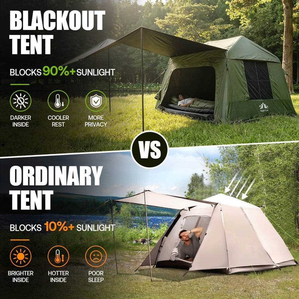Night Cat Inflatable Camping Tent: Easy 60-Second Setup for 4 People Blackout Inflatable Tent with Awning for Family Camping Hiking