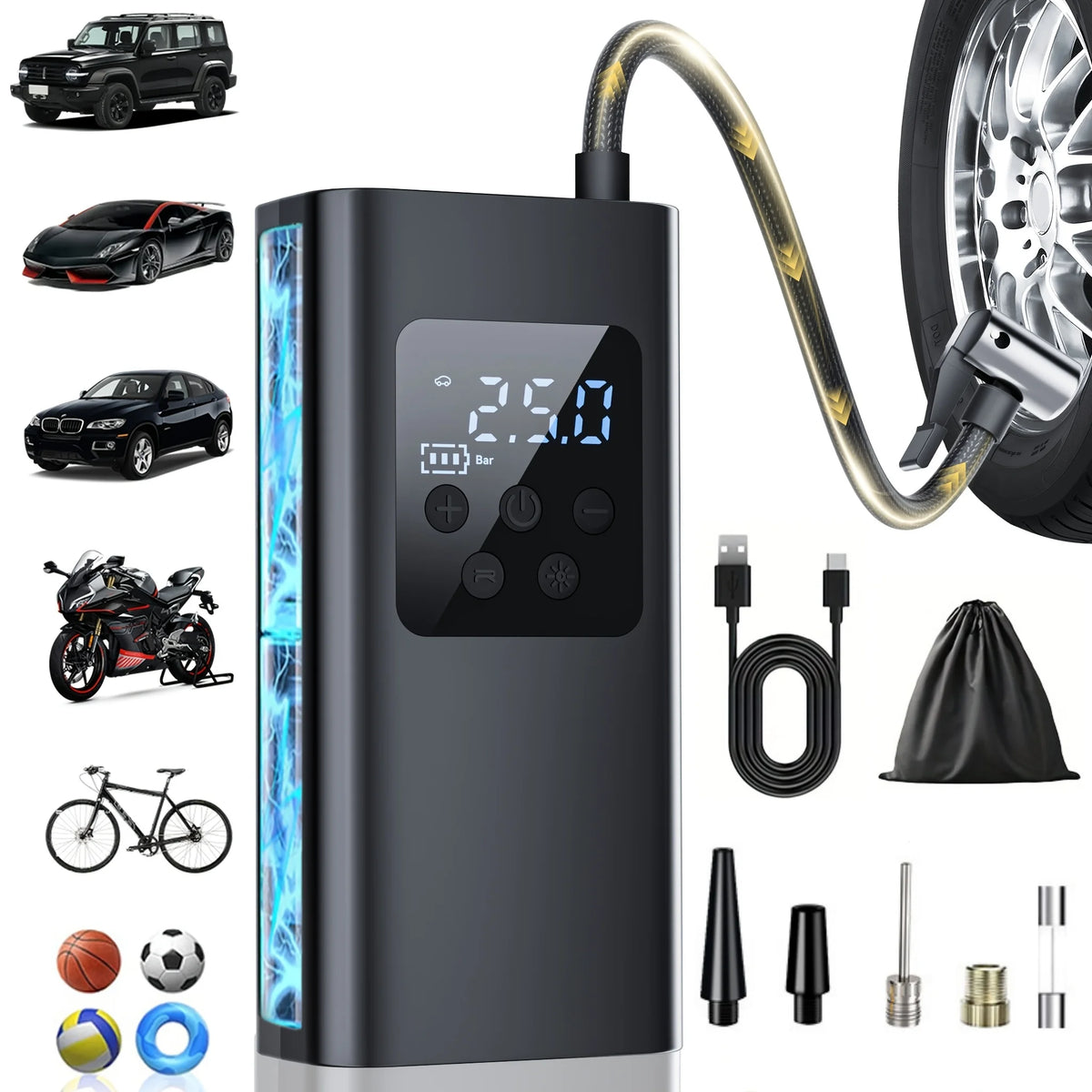 Wireless Portable Mini Tire Inflator with Digital Display and Pressure Gauge - USB Rechargeable Air Compressor Pump, Compact Design, Suitable for Cars, Motorcycles, Bicycles, Sports Balls - Fast Charging, Car Tire Inflator, B